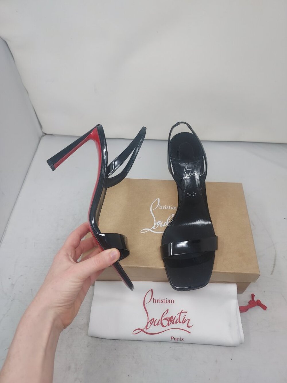 Christian Louboutin Condora Patent Black Heel Slingback Sandal